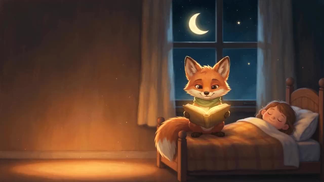 Festői animáció: a mesefilm finom mozgással jeleníti meg, ahogy a gyerek elalszik, a róka becsukja a ragyogó mesekönyvet, a felszálló szikrák pedig csillagokká változnak a holdfényben.